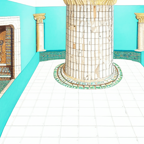 00014-279186242-sanctum of a roman temple, spiral on the mosaic floor, teal mosaic tiles on the walls, a centurion bronze head in a recess in th