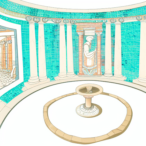 00016-3966248632-sanctum of a roman temple, spiral on the mosaic floor, teal mosaics drawings on the walls, a recess in the left wall containg  a