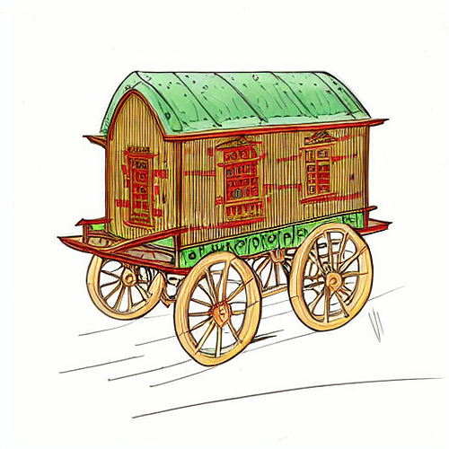 00032-2580335313-wooden wagon with green roof, gilded carvings, small windows with red curtains, very detailed, drawing, in the style of medieval