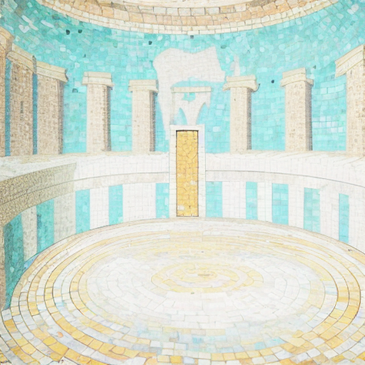 00017-274107640-sanctum of a roman temple, spiral on the mosaic floor, teal mosaics drawings on the walls, a recess in the left wall containg  a
